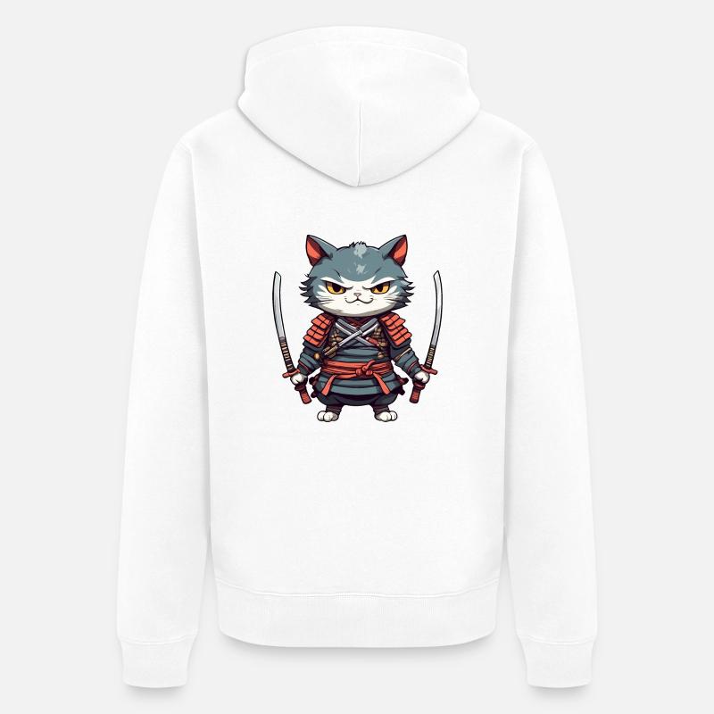 Chat samouraï #35 - Veste à capuche bio Premium Unisexe - blanc