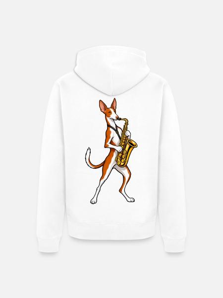 Podenco Ibicenco mit Saxophon - Unisex Premium Bio Zip Hoodie - Weiß