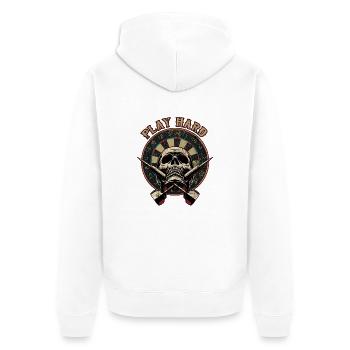Play Hard Skull - Dart T-Shirts RAHMENLOS - Sport - Unisex Premium Bio Zip Hoodie - Weiß - Hinten - Thijin (182cm)