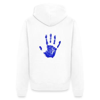 Empreinte de main peinte identité doigts et paume bleu - Veste à capuche bio Premium Unisexe - blanc - Dos - Thijin (182cm)