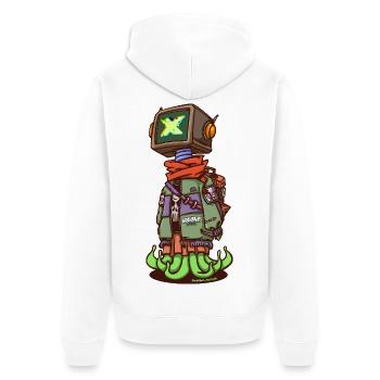 Neon X Robot Scout mit Flammenstiefeln - Unisex Premium Bio Zip Hoodie - Weiß - Hinten - Thijin (182cm)