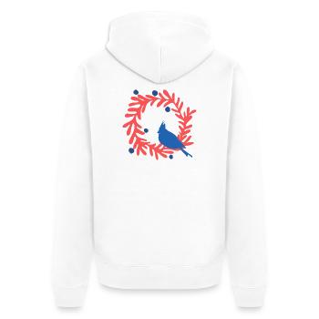 Weihnachtsbild, blauer Vogel auf rotem Kranz - Unisex Premium Bio Zip Hoodie - Weiß - Hinten - Thijin (182cm)