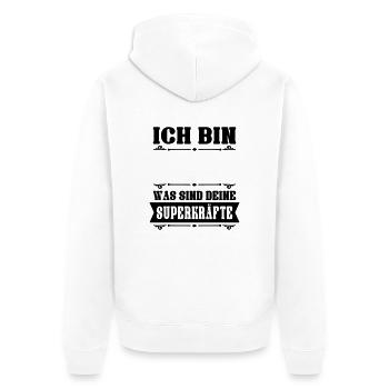Ich bin (dein Text) was sind deine Superkräfte - Unisex Premium Bio Zip Hoodie - Weiß - Hinten - Thijin (182cm)