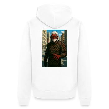 Purpurrote Maske in den Straßen der Stadt - Unisex Premium Bio Zip Hoodie - Weiß - Hinten - Thijin (182cm)