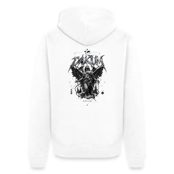 DAKUM Schwarze Engelsstatue mit Ketten - Unisex Premium Bio Zip Hoodie - Weiß - Hinten - Thijin (182cm)