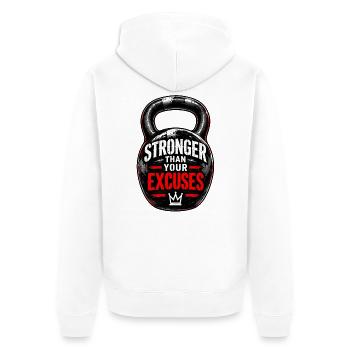 Stärker als deine Ausreden – Motivation fürs Fitnessstudio - Unisex Premium Bio Zip Hoodie - Weiß - Hinten - Thijin (182cm)