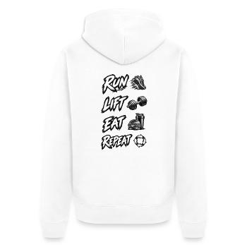 LAUF, HEBEN, ESSEN, WIEDERHOLEN, WIEDERHOLEN - Unisex Premium Bio Zip Hoodie - Weiß - Hinten - Thijin (182cm)