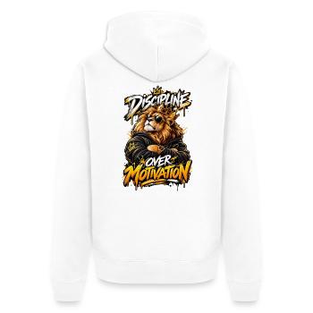 Gekrönter Löwe: Disziplin auf Motivation - Unisex Premium Bio Zip Hoodie - Weiß - Hinten - Thijin (182cm)