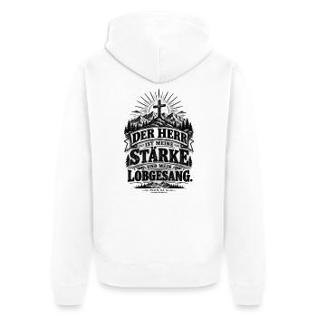 Der Herr ist meine Stärke – Psalm 118,14 - Unisex Premium Bio Zip Hoodie - Weiß - Hinten - Thijin (182cm)