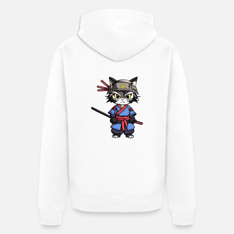 Chat samouraï #24 - Veste à capuche bio Premium Unisexe - blanc