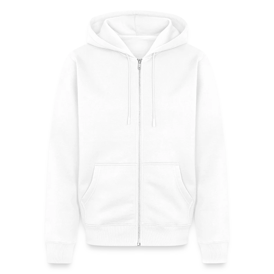 Geneva badge on a unisex premium organic zip hoodie, white