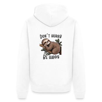 Beeile dich nicht, sei glücklich, don´t hurry - Unisex Premium Bio Zip Hoodie - Weiß - Hinten - Thijin (182cm)