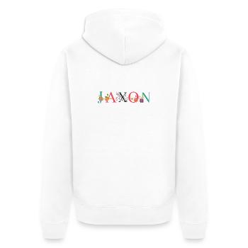 JAXON Namenskunst mit gestickten Blumen - Unisex Premium Bio Zip Hoodie - Weiß - Hinten - Thijin (182cm)