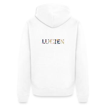 LUCIEN Name mit Blumen geschmückt - Unisex Premium Bio Zip Hoodie - Weiß - Hinten - Thijin (182cm)
