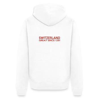 Switzerland - Great Since 1291 - Schweiz - Schwiiz - Unisex Premium Bio Zip Hoodie - Weiß - Hinten - Thijin (182cm)