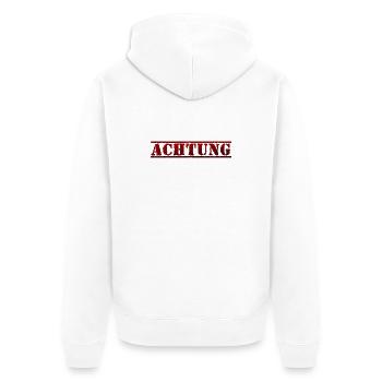 Achtung, Schriftzug, schwarz rot - Unisex Premium Bio Zip Hoodie - Weiß - Hinten - Thijin (182cm)
