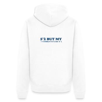 Körpergröße: Klein, aber heftig - Unisex Premium Bio Zip Hoodie - Weiß - Hinten - Thijin (182cm)