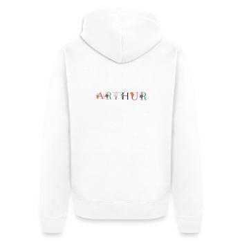 ARTHUR Namenskunst mit Blumen bestickt - Unisex Premium Bio Zip Hoodie - Weiß - Hinten - Thijin (182cm)
