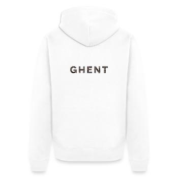 GAND – Typographie en brique gothique - Veste à capuche bio Premium Unisexe - blanc - Dos - Thijin (182cm)