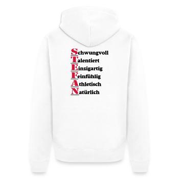 Stefan , Vorname,Namensschild,Name,Fun Shirt (25) - Unisex Premium Bio Zip Hoodie - Weiß - Hinten - Thijin (182cm)
