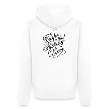 Carpe that fucking diem - Nutze den Tag - Unisex Premium Bio Zip Hoodie - Weiß - Hinten - Thijin (182cm)