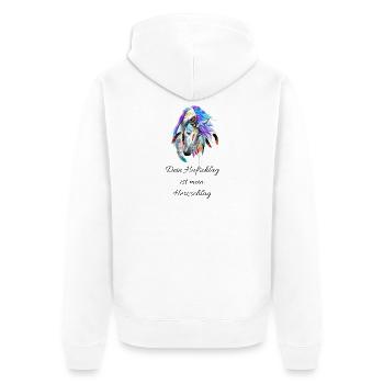 Mystischer Edel-Hengst mit Tribal-Akzenten - Unisex Premium Bio Zip Hoodie - Weiß - Hinten - Thijin (182cm)