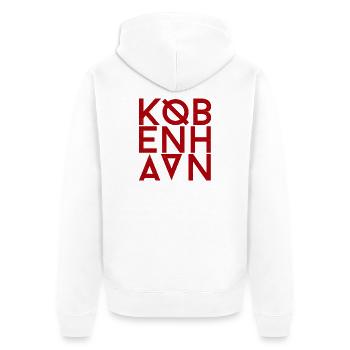 København Typo Monogram in Crimson Red - Unisex Premium Organic Zip Hoodie - white - Back - Thijin (182cm)