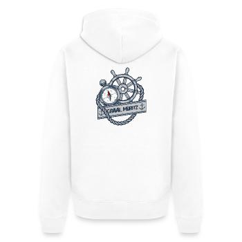 GRAAL MÜRITZ - Dein Statement für den Darß - Unisex Premium Bio Zip Hoodie - Weiß - Hinten - Thijin (182cm)