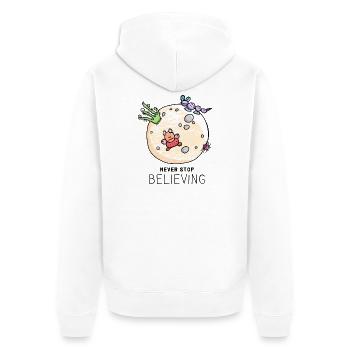 "Never Stop Believing" positiver Spruch mit Aliens - Unisex Premium Bio Zip Hoodie - Weiß - Hinten - Thijin (182cm)