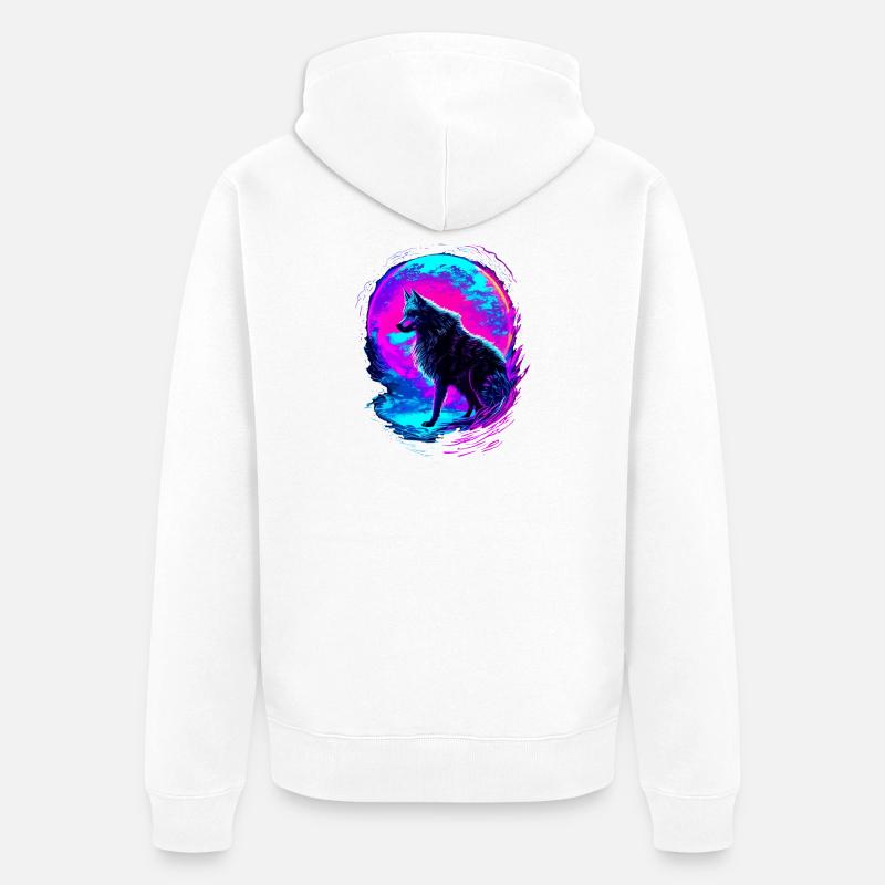 Wolf Neon Moon Synthwave - Unisex Premium Bio Zip Hoodie - Weiß