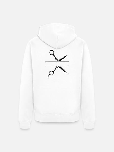 Texte bannière logo coiffeur, ciseaux - Veste à capuche bio Premium Unisexe - blanc