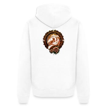 Der elegante Pferdekopf ist mit Blumen geschmückt. - Unisex Premium Bio Zip Hoodie - Weiß - Hinten - Thijin (182cm)