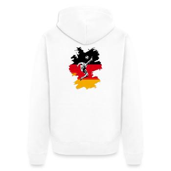 Dynamische Fußball-Action auf deutscher Flagge - Unisex Premium Bio Zip Hoodie - Weiß - Hinten - Thijin (182cm)