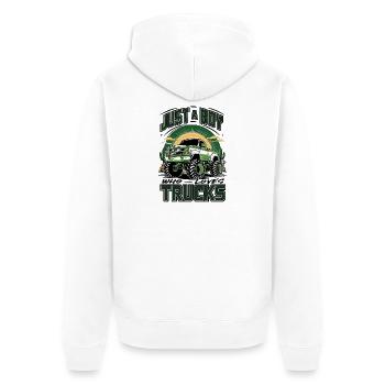 Einzigartiges Monstertruck- und Jingler-Design - Unisex Premium Bio Zip Hoodie - Weiß - Hinten - Thijin (182cm)