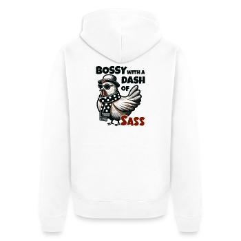 Autoritaire avec une pincée de charme – Cool hen - Veste à capuche bio Premium Unisexe - blanc - Dos - Thijin (182cm)