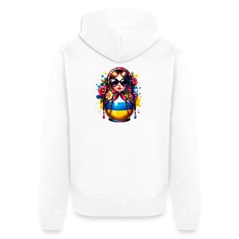 Ukraine Matriochka avec lunettes de soleil pour les Ukrainiens - Veste à capuche bio Premium Unisexe - blanc - Dos - Thijin (182cm)