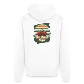 Härzbluetzuger Zuger Chriesi Kirschen Kanton Zug - Unisex Premium Bio Zip Hoodie - Weiß - Hinten - Thijin (182cm)