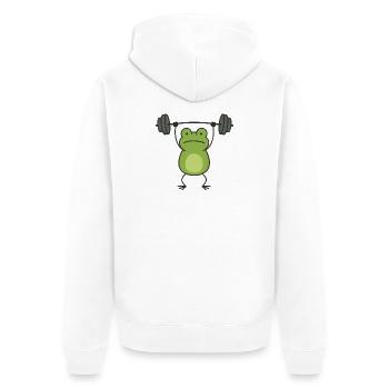 Lustiger Frosch mit Hantel Fitness Bodybuilding - Unisex Premium Bio Zip Hoodie - Weiß - Hinten - Thijin (182cm)