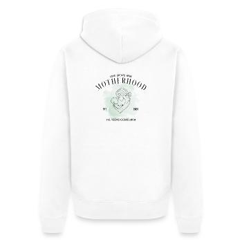 Motherhood EST 2025 – Du machst das gut Mama - Unisex Premium Bio Zip Hoodie - Weiß - Hinten - Thijin (182cm)