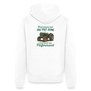 The Farmer's Gift | Humor Antique Tractor - Unisex Premium Organic Zip Hoodie - white - Back - Thijin (182cm)