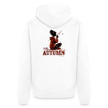 Hello Autumn – Kuscheliges Mädchen und Heißgetränk - Unisex Premium Bio Zip Hoodie - Weiß - Hinten - Thijin (182cm)