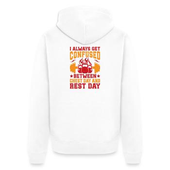 Fanatiques de fitness : journée de poitrine confuse et journée de repos - Veste à capuche bio Premium Unisexe - blanc - Dos - Thijin (182cm)