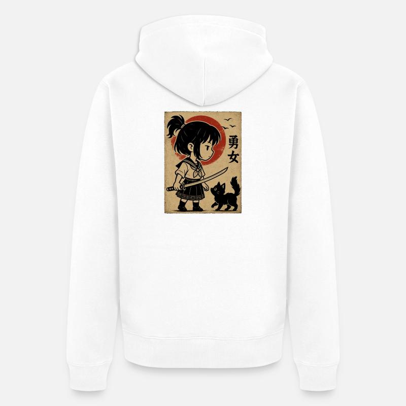 Fille courageuse avec katana et chat - Veste à capuche bio Premium Unisexe - blanc