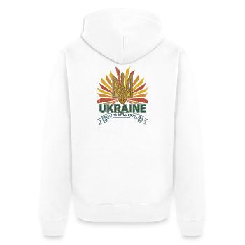 Ukrainisches Dreizack Sonnenaufgangs-T-Shirt - Unisex Premium Bio Zip Hoodie - Weiß - Hinten - Thijin (182cm)