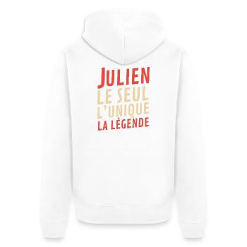 Julian – der Eine, der Einzige, die Legende - Unisex Premium Bio Zip Hoodie - Weiß - Hinten - Thijin (182cm)