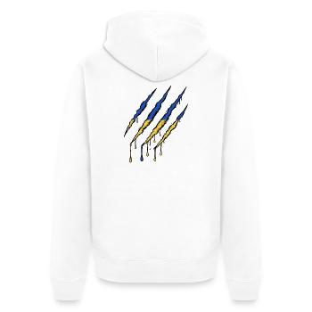 Ukraine Flagge Kralle - Kratzspur  - Unisex Premium Bio Zip Hoodie - Weiß - Hinten - Thijin (182cm)