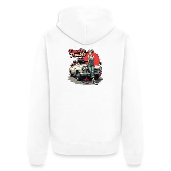 Tuned for Trouble – Retro Auto Girl Design - Unisex Premium Bio Zip Hoodie - Weiß - Hinten - Thijin (182cm)