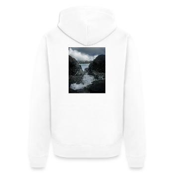 Stürmische Aufnahme der Brücke, die die Insel Porth verbindet - Unisex Premium Bio Zip Hoodie - Weiß - Hinten - Thijin (182cm)