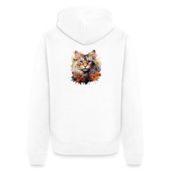 Maine Coon Katze – Art Portrait mit Blumen - Unisex Premium Bio Zip Hoodie - Weiß - Hinten - Thijin (182cm)