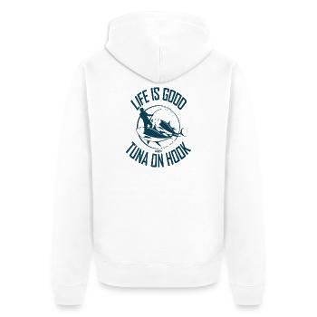 DAS LEBEN IST GUT MIT THUNFISCH AM HAKEN - Unisex Premium Bio Zip Hoodie - Weiß - Hinten - Thijin (182cm)